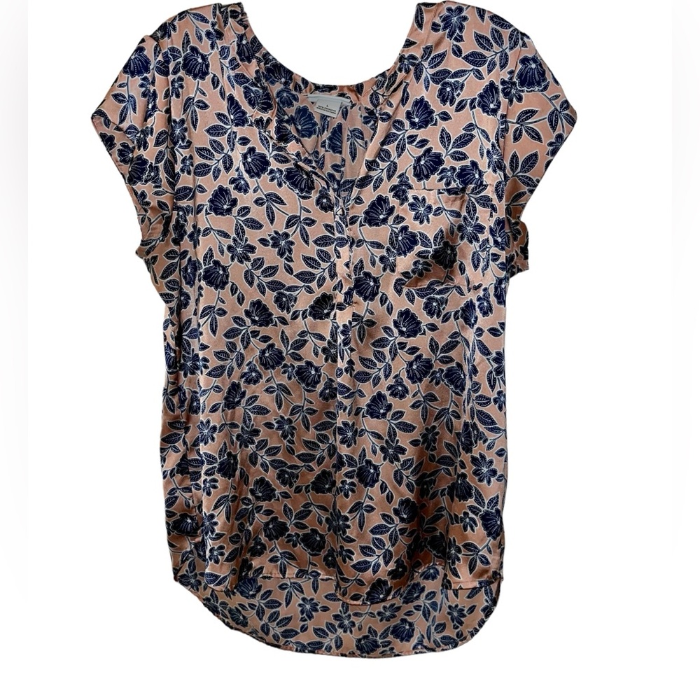 Liz Claiborne Women's Pink WIth Blue Flowers Short Sleeve Blouse Size Large